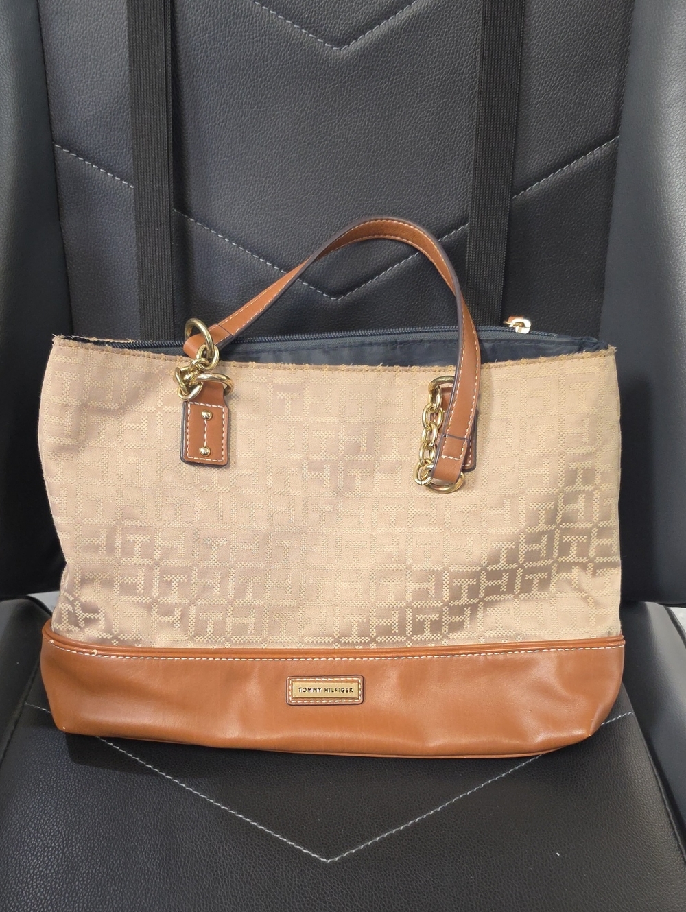 Tommy Hilfiger Beige Canvas Tote with Brown Leather Trim